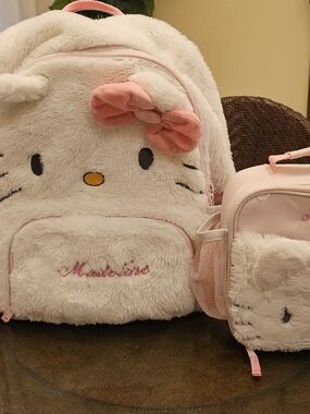 Pottery Barn Kids Plush White Pink Hello Kitty Backpack with Matching Lunch Bag